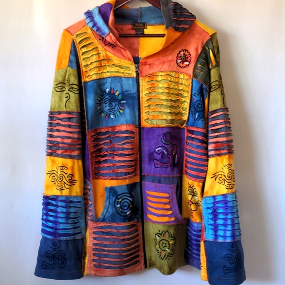 Rising International Tops - Rising International NWOT Patchwork Ethnic Zip Hoodie Nepal 2XL